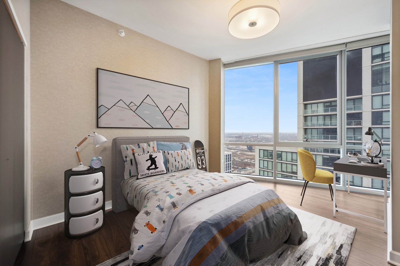 1201 South Prairie Avenue, Unit 4501 Chicago, IL 60605 - Photo 27 of 52 a bedroom with a bed and a lamp next to a large window