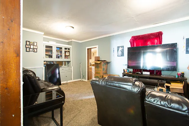 a room with furniture projector and a flat screen tv