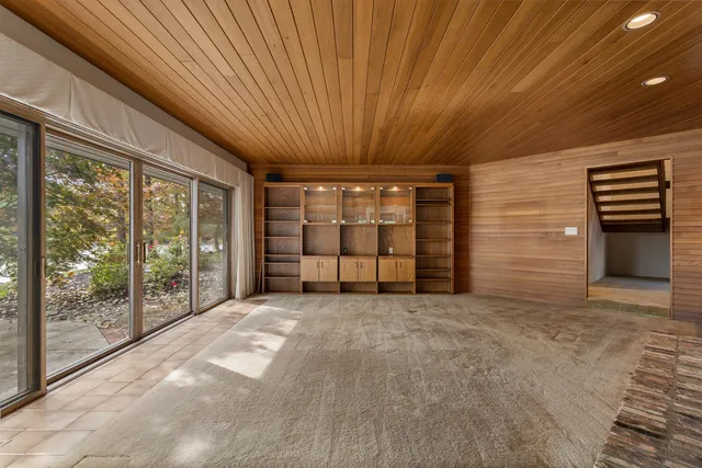 a view of a porch with a fireplace