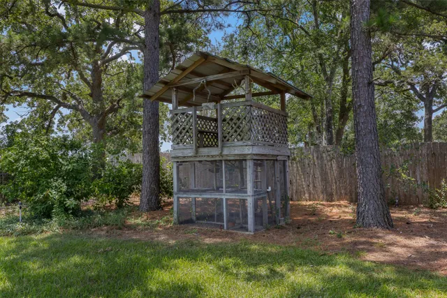 a view of backyard with small cabin