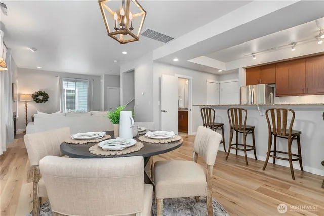 a view of a dining room with furniture