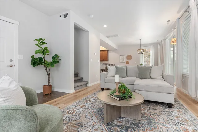 a living room with furniture a potted plant and a lamp