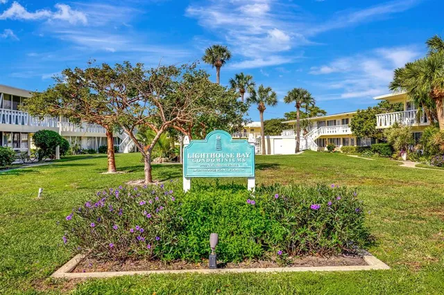 a view of a garden with a building in the background
