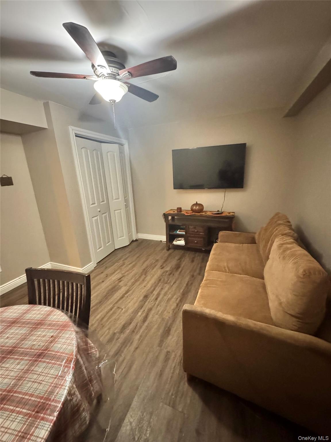 43 North Cozine Road Manorville, NY 11949 - Photo 33 of 42 Living area featuring wood finished floors and a ceiling fan