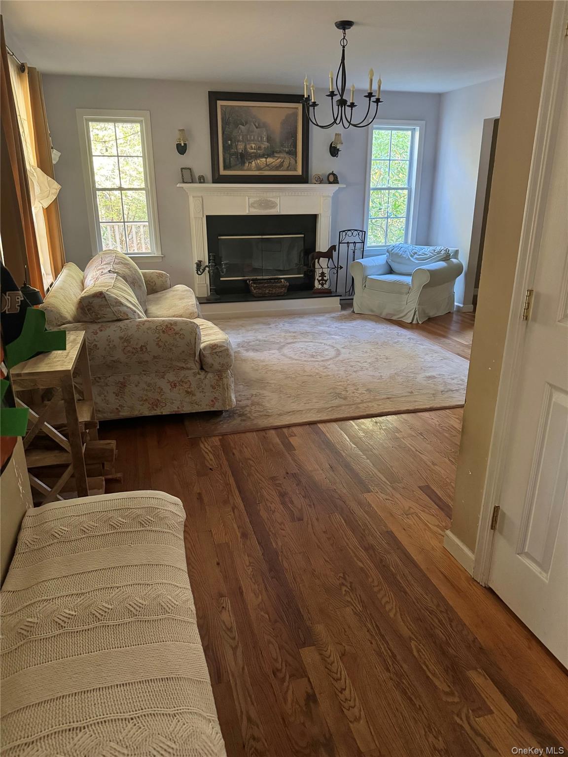 43 North Cozine Road Manorville, NY 11949 - Photo 8 of 42 Living area with a glass covered fireplace, wood finished floors, and a chandelier