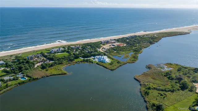 an aerial view of residential houses with outdoor space and ocean view