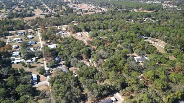 an aerial view of a residential houses with city and green space