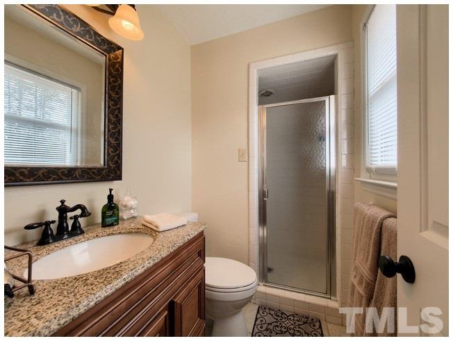 908 Orange Factory Road Bahama, NC 27503 - Photo 20 of 23 a bathroom with a granite countertop sink toilet and mirror