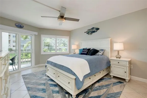 a spacious bedroom with a bed and a large window