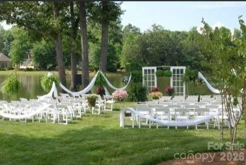 a garden view with a sitting space