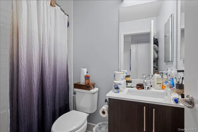 a bathroom with a sink vanity mirror and toilet