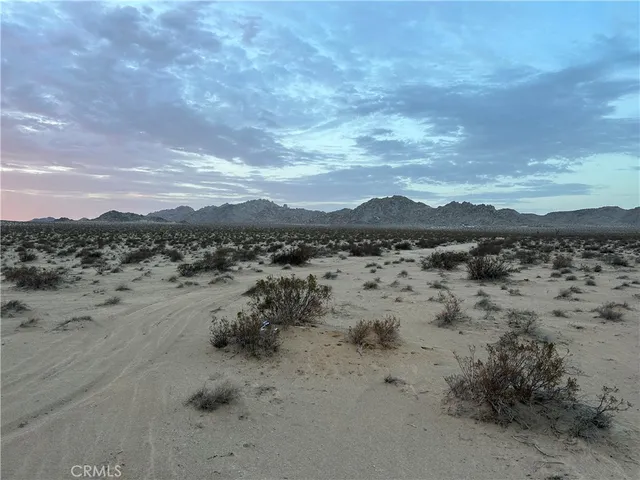 a view of a dry field with mountains in the background