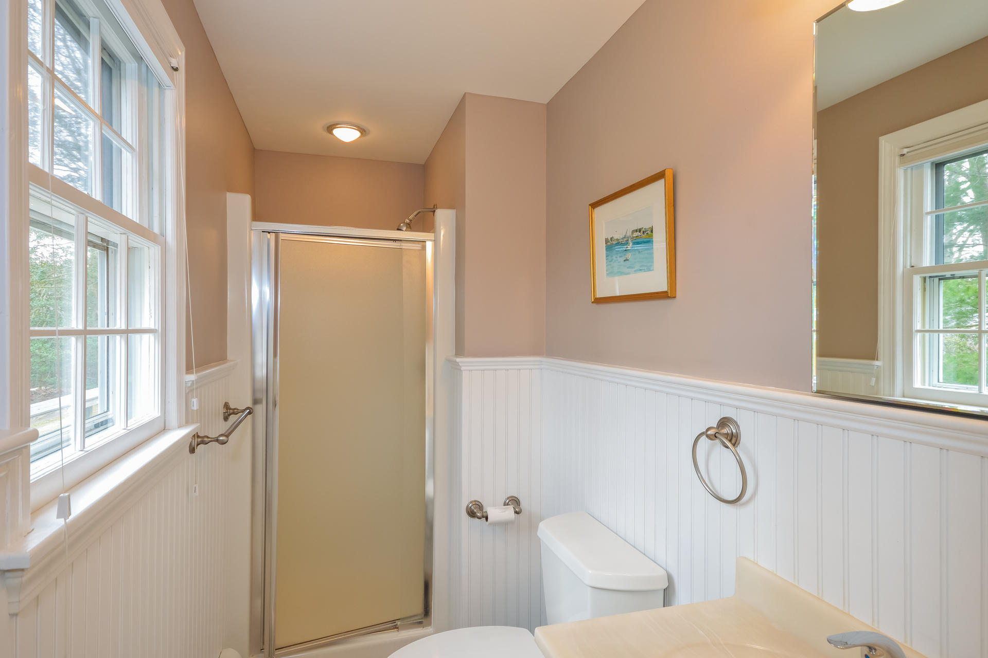 188 Ansel Howland Road Centerville, MA 02632 - Photo 19 of 24 a bathroom with a granite countertop shower a mirror and a sink