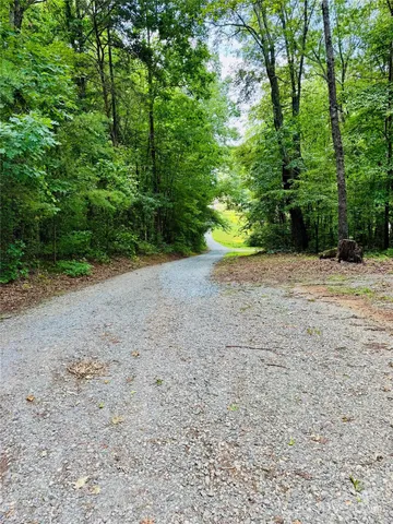 a view of a dirt road with trees in the background