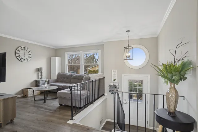 a living room with furniture a rug potted plant and a window