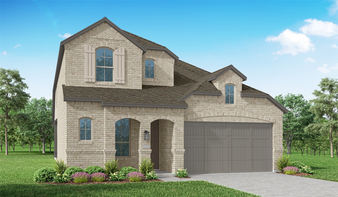 604 High Summit Drive Georgetown, TX 78628 - Photo 1 of 1 French country home with a front lawn, driveway, a shingled roof, and brick siding