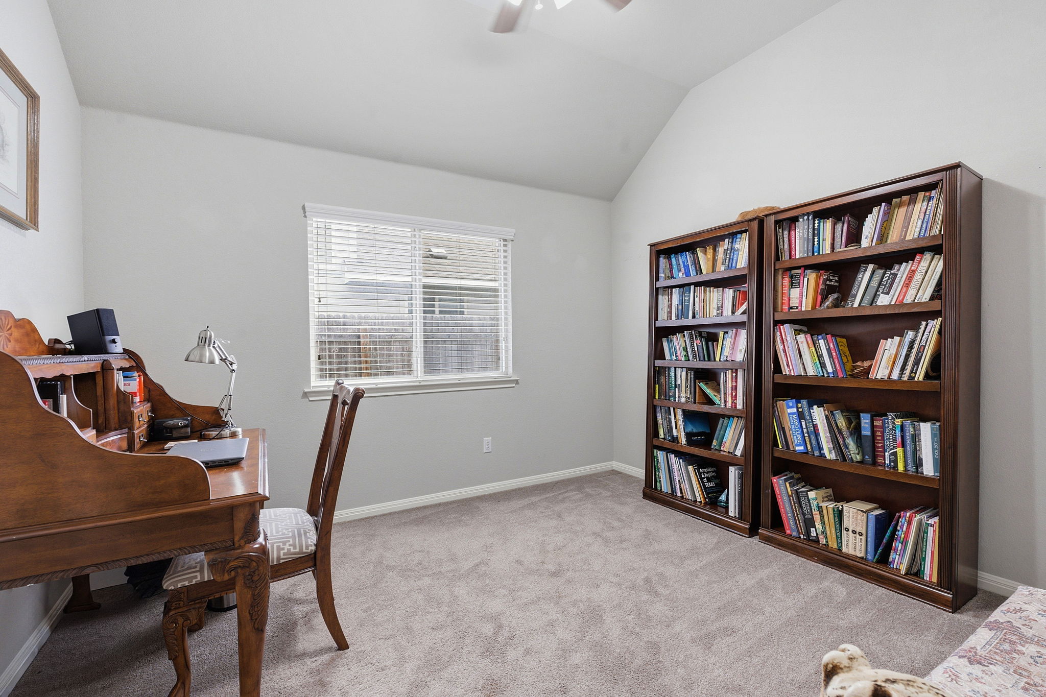 426 Tilly Lane Buda, TX 78610 - Photo 15 of 21 Office featuring light carpet, vaulted ceiling, and ceiling fan