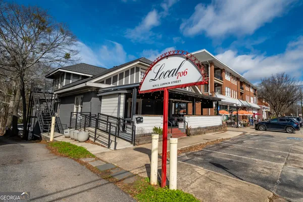 a front view of a building with street
