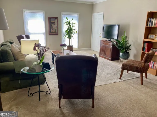 a living room with furniture a flat screen tv and a potted plant
