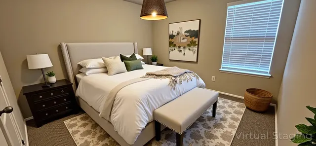 a bed room with a bed and a lamp