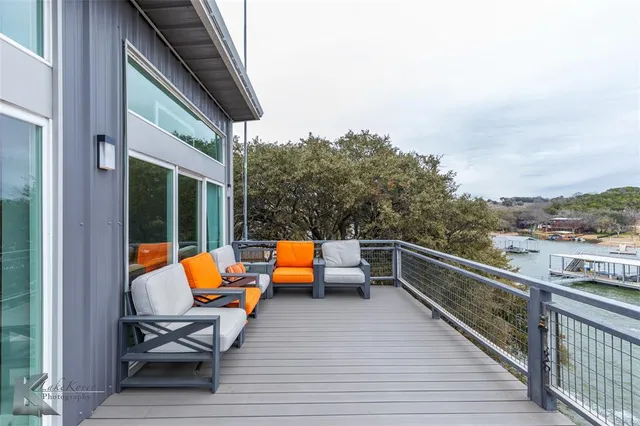 a view of a lake with a terrace