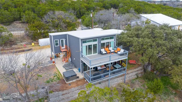 a view of a water with a terrace with a lake view