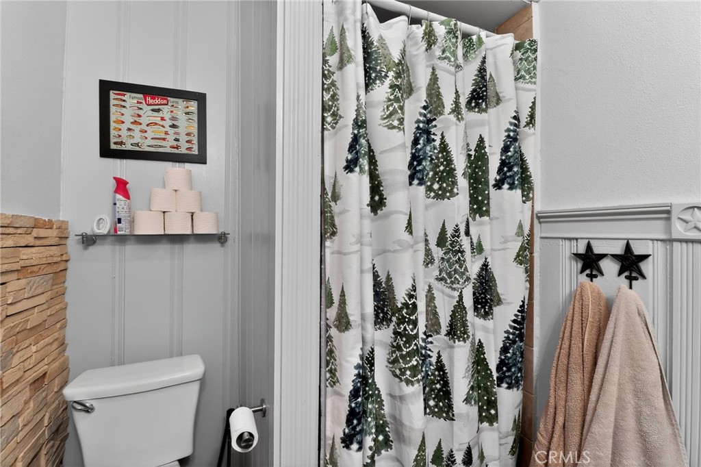 2775 View Running Springs, CA 92382 - Photo 25 of 30 a bathroom with a toilet and a shower curtain