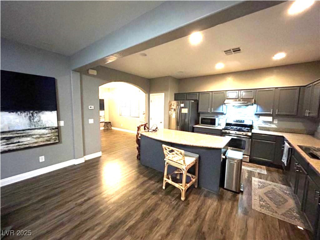 8977 Melridge Road Las Vegas, NV 89148 - Photo 14 of 35 Kitchen with light countertops, arched walkways, a center island, stainless steel appliances, and dark wood-style floors