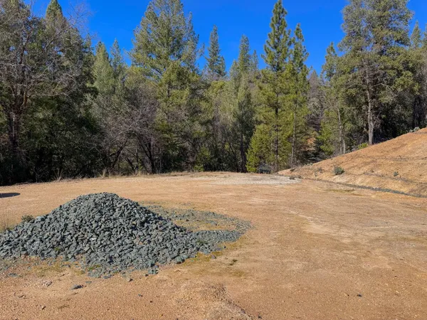 a view of a yard with wooden fence