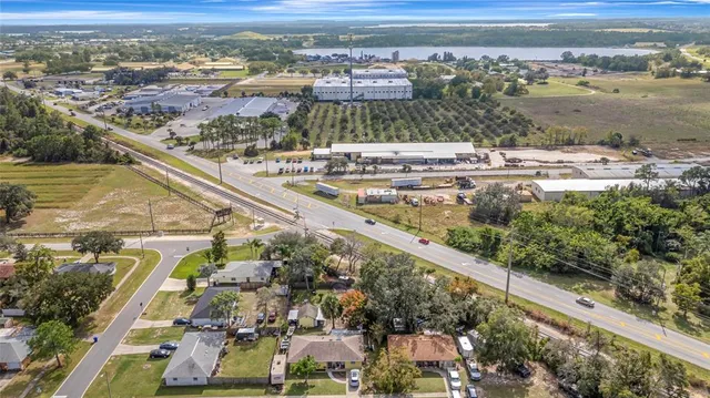 an aerial view of a house with garden
