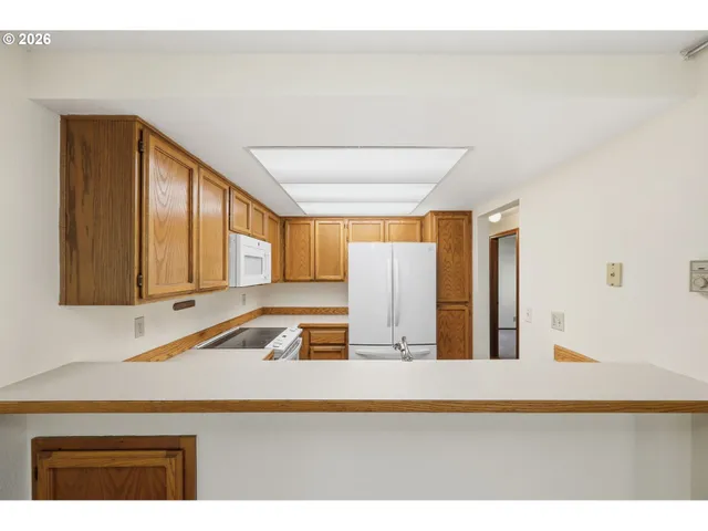 a kitchen with a refrigerator and a sink