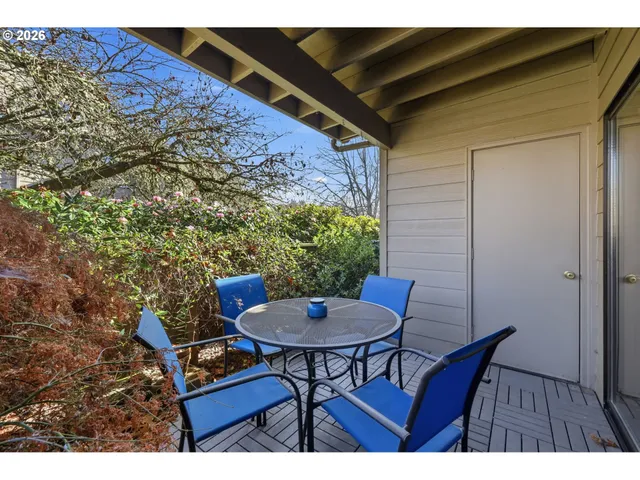 a view of a backyard with plants and a patio