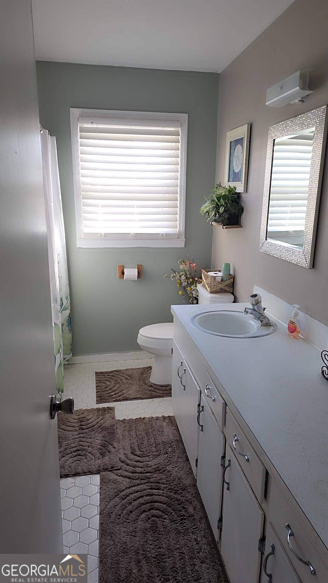 293 Williams Street Northeast Pelham, GA 31779 - Photo 10 of 19 a bathroom with a granite countertop sink a toilet a mirror and window