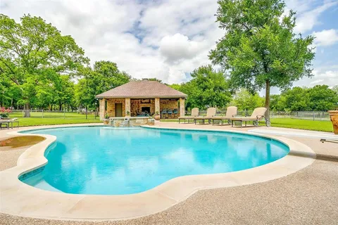a view of a swimming pool with a yard