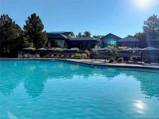 a view of a big yard with swimming pool and green space