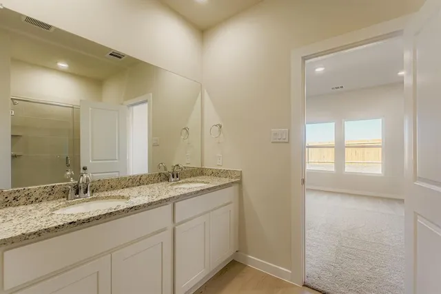 a bathroom with a granite countertop sink and a mirror