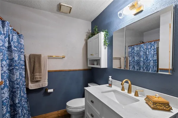 a bathroom with a toilet sink vanity and mirror