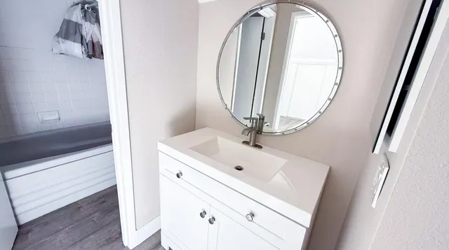 a bathroom with a sink and a mirror