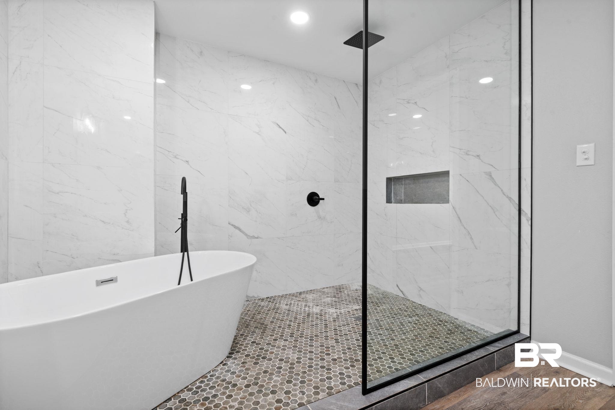 13461 Tom Gaston Road Mobile, AL 36695 - Photo 31 of 41 Full bath featuring a marble finish shower, a freestanding bath, and recessed lighting