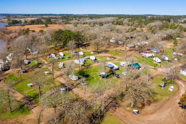 an aerial view of a swimming pool
