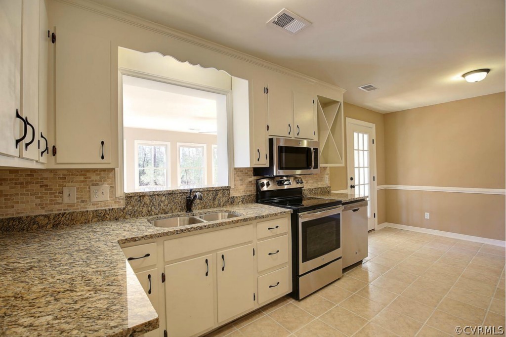 6600 Rock Run Road Chesterfield, VA 23832 - Photo 8 of 24 a kitchen with stainless steel appliances granite countertop a stove a sink and white cabinets