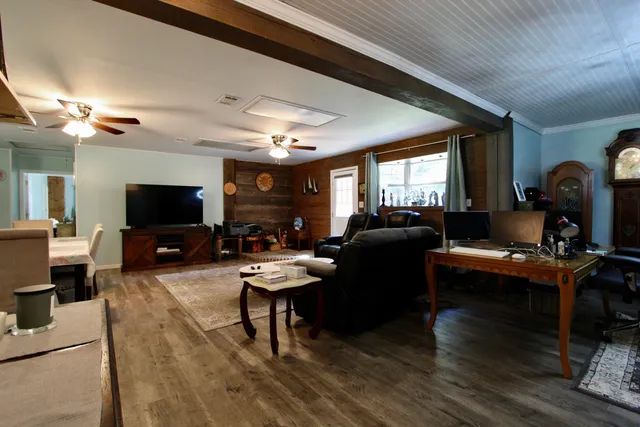 a living room with furniture a window and a potted plant