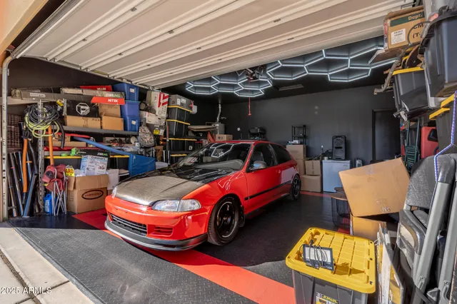 a car is parked in a garage