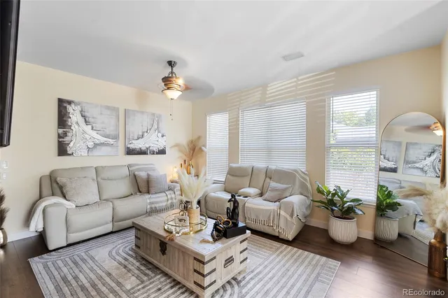 a living room with furniture potted plant and a window