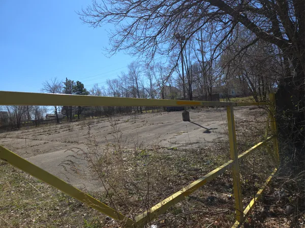 a view of wooden fence and two trees in the background