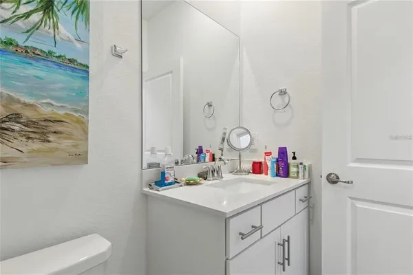 a bathroom with a sink vanity and a toilet