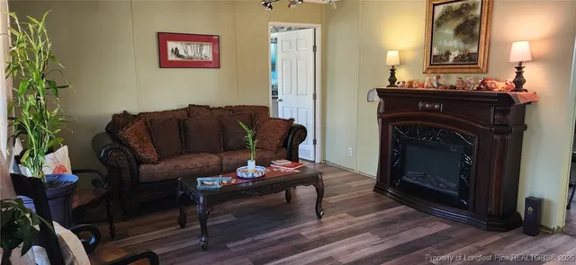 a living room with furniture and a fireplace