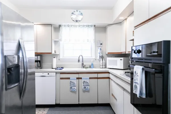 a view of a dining room with furniture