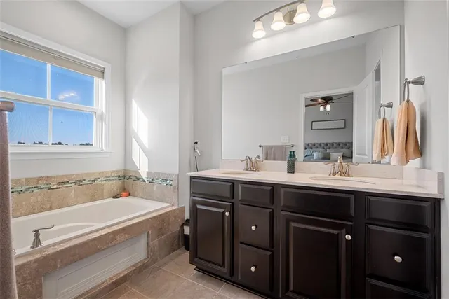 a bathroom with a tub double vanity sink and mirror