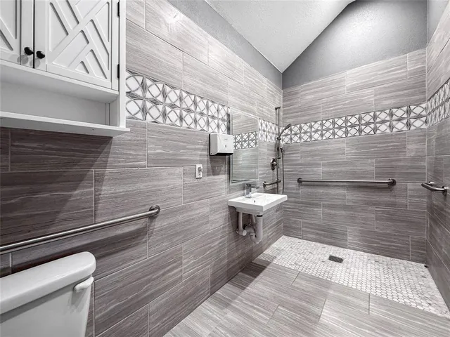 a bathroom with a toilet a sink and mirror